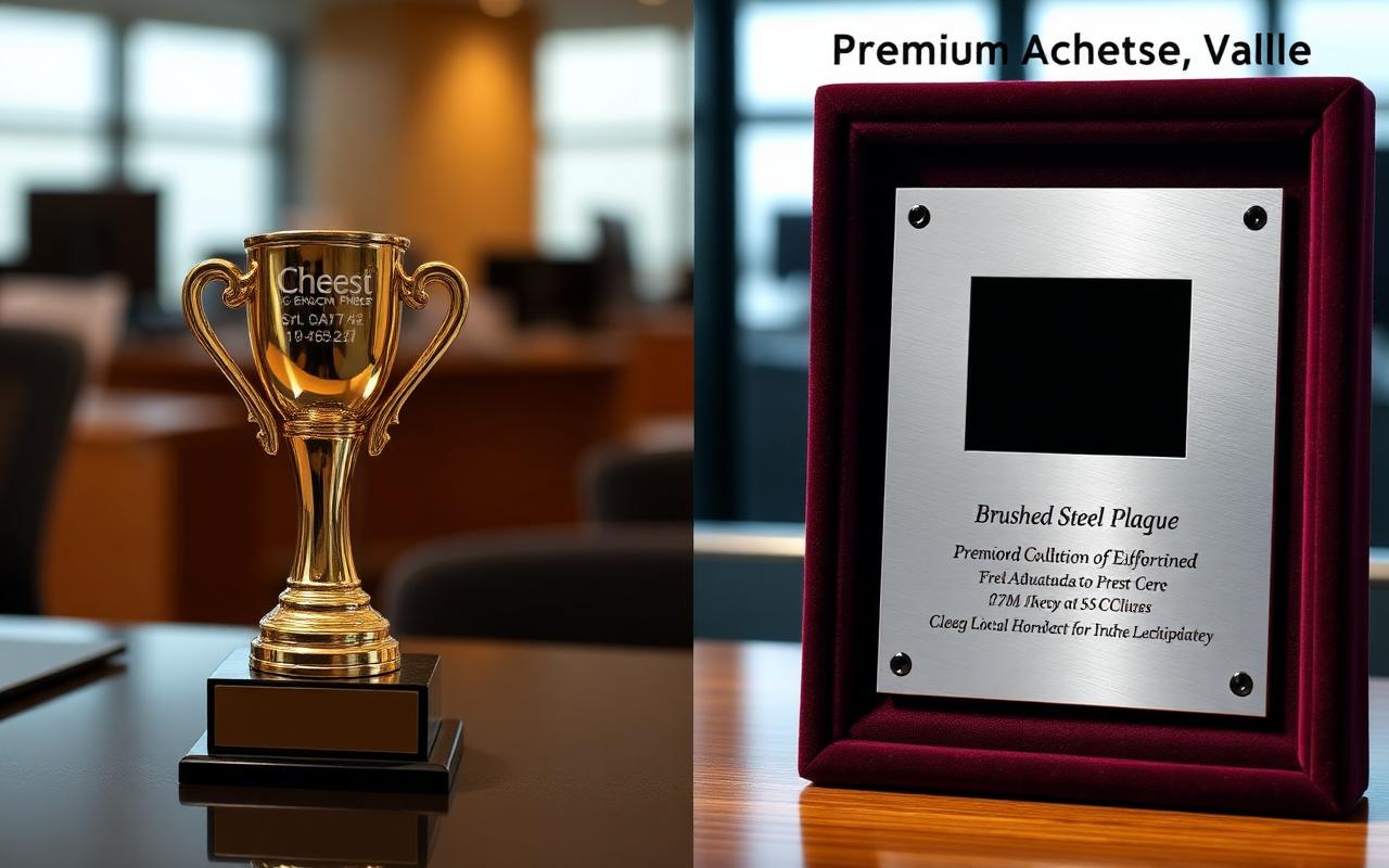 Comparação entre troféu genérico e placa premium em estojo de veludo